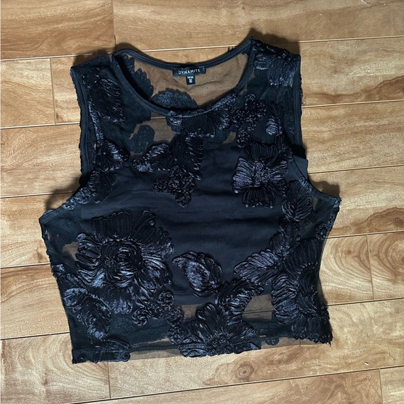 Dynamite Black Mesh Top with Floral Embroidery - Picture 1 of 5